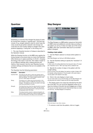 Page 8585
MIDI effects
Quantizer
Quantizing is a function that changes the timing of notes 
by moving them towards a “quantize grid”. This grid may 
consist of e.g. straight sixteenth notes (in which case the 
notes would all get perfect sixteenth note timing), but 
could also be more loosely related to straight note value 
positions (applying a “swing feel” to the timing, etc.).
ÖThe main Quantize function in Cubase is described in 
the Operation manual.
While the Quantize function on the MIDI menu applies the...
