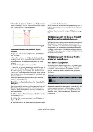 Page 1515
Arbeiten mit den neuen Funktionen
•Wenn Sie die Optionen »To Start« und »To End« mitein-
ander kombinieren, wird die Automationsspur vom Beginn 
des Projekts bis zum Projektende gefüllt.
Einmaliges oder dauerhaftes Anwenden der Fill-
Optionen
Es gibt zwei verschiedene Möglichkeiten, die Fill-Optio-
nen zu nutzen:
•Wenn Sie auf einen der Fill-Schalter klicken, bleibt er 
für die gesamte Dauer des nächsten Automationsdurch-
laufs aktiviert und die entsprechende Option ist einge-
schaltet.
Anschließend...