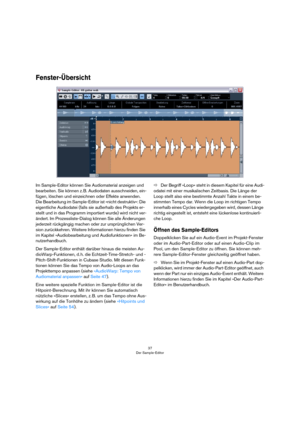 Page 3737
Der Sample-Editor
Fenster-Übersicht
Im Sample-Editor können Sie Audiomaterial anzeigen und 
bearbeiten. Sie können z. B. Audiodaten ausschneiden, ein-
fügen, löschen und einzeichnen oder Effekte anwenden. 
Die Bearbeitung im Sample-Editor ist »nicht destruktiv«: Die 
eigentliche Audiodatei (falls sie außerhalb des Projekts er-
stellt und in das Programm importiert wurde) wird nicht ver-
ändert. Im Prozessliste-Dialog können Sie alle Änderungen 
jederzeit rückgängig machen oder zur ursprünglichen Ver-...