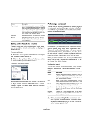 Page 2424
The MediaBay
Setting up the Results list columns
For each media type, or for combinations of media types, 
you can specify the attribute columns that are displayed in 
the Results list.
Proceed as follows:
1.Select the media type (or combination of media types) 
that you want to make settings for.
2.Click the “Set up Result Columns” button and activate 
or deactivate the options on the submenus.
Activate the attributes that you want to be displayed in the Results list.
ÖIf you want to see none of the...