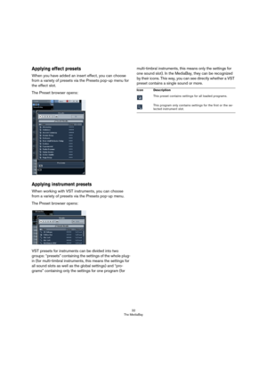 Page 3232
The MediaBay
Applying effect presets
When you have added an insert effect, you can choose 
from a variety of presets via the Presets pop-up menu for 
the effect slot. 
The Preset browser opens:
Applying instrument presets
When working with VST instruments, you can choose 
from a variety of presets via the Presets pop-up menu. 
The Preset browser opens:
VST presets for instruments can be divided into two 
groups: “presets” containing the settings of the whole plug-
in (for multi-timbral instruments,...