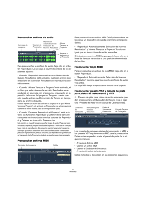 Page 2727
MediaBay
Preescuchar archivos de audio
Para preescuchar un archivo de audio, haga clic en el bo-
tón Reproducir. Lo que vaya a ocurrir dependerá de los si-
guientes ajustes:
•Cuando “Reproducir Automáticamente Selección de 
Nuevos Resultados” esté activado, cualquier archivo que 
seleccione en la sección Resultados se reproducirá auto
-
máticamente.
•Cuando “Alinear Tiempos a Proyecto” esté activado, el 
archivo que seleccione en la sección Resultados se re
-
producirá en sincronía con el proyecto,...