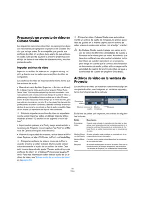 Page 5959
Vídeo
Preparando un proyecto de video en 
Cubase Studio
Las siguientes secciones describen las operaciones bási-
cas necesarias para preparar un proyecto de Cubase Stu-
dio que incluya vídeo. Es aconsejable que guarde sus 
archivos de vídeo en un disco duro aparte de sus archivos 
de audio. Esto puede ayudarle a prevenir problemas con 
el flujo de datos al usar video de alta resolución y muchas 
pistas de audio. 
Importar archivos de vídeo
Importar un archivo de vídeo en su proyecto es muy rá-
pido y...