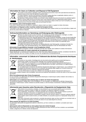 Page 23English
Deutsch
Français
Español
Italiano
Information for Users on Collection and Disposal of Old EquipmentThis symbol on the products, packaging, and/or accompanying documents means that used electrical and electronic 
products should not be mixed with general household waste.
For proper treatment, recovery and recycling of old products, please take them to applicable collection points, in 
accordance with your national legislation and the Directives 2002/96/EC.
By disposing of these products correctly,...