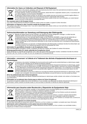 Page 33(weee_eu)
Information for Users on Collection and Disposal of Old EquipmentThis symbol on the products, packaging, and/or accompanying documents means that used electrical and electronic products 
should not be mixed with general household waste.
For proper treatment, recovery and recycling of old products, please take them to applicable collection points, in accordance with 
your national legislation and the Directives 2002/96/EC.
By disposing of these products correctly, you will help to save valuable...