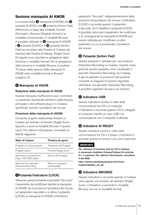 Page 15CI2 Manuale operativo
15
Controlli e connettori
Sezione manopola AI KNOBLe funzioni della  manopola AI KNOB, del  
pulsante [LOCK] e del 
 pulsante [Action Pad] 
differiscono in base alla modalità, Normal 
(Normale) o Browse (Sfoglia). Normal è la 
modalità convenzionale. In modalità Browse, 
è possibile utilizzare la  manopola AI KNOB, 
il pulsante [LOCK] e il 
 pulsante [Action 
Pad] per accedere alle finestre di Cubase, ad 
esempio alla finestra di dialogo Sfoglia Suoni. 
Di seguito sono riportate...