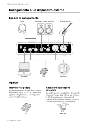 Page 1818
CI2 Manuale operativo
Collegamento a un dispositivo esterno
Collegamento a un dispositivo esternoEsempi di collegamento
Opzioni Interruttore a pedaleÈ possibile collegare un interruttore a pedale 
Yamaha FC5 al jack FOOT SW. L'interruttore 
a pedale collegato funziona come il pulsante 
[Action Pad] (Pad azioni). 
Adattatore del supporto 
microfonoÈ possibile collegare un adattatore del supporto 
microfono Yamaha BMS-10A sul lato inferiore 
di CI2. È quindi possibile utilizzare il CI2 
collegato...