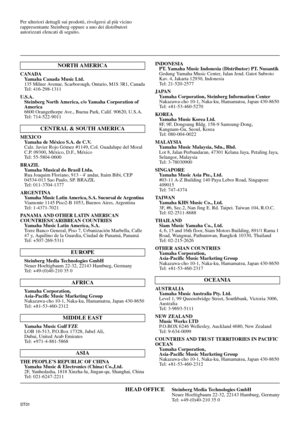 Page 34Per ulteriori dettagli sui prodotti, rivolgersi al più vicino 
rappresentante Steinberg oppure a uno dei distributori 
autorizzati elencati di seguito.
CANADA
Yamaha Canada Music Ltd. 135 Milner Avenue, Scarborough, Ontario, M1S 3R1, CanadaTel: 416-298-1311
U. S.A . 
Steinberg North America, c/o Yamaha Corporation of 
America
6600 Orangethorpe Ave., Buena Park, Calif. 90620, U.S.A.
Tel: 714-522-9011
MEXICO
Yamaha de México S.A. de C.V. 
Calz. Javier Rojo Gómez #1149, Col. Guadalupe del Moral 
C.P. 09300,...