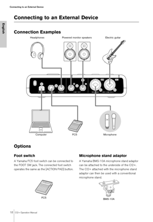 Page 1818CI2+ Operation Manual
Connecting to an External Device
English
Connecting to an External Device
Connection Examples
Options 
Foot switch
A Yamaha FC5 foot switch can be connected to 
the FOOT SW jack. The connected foot switch 
operates the same as the [ACTION PAD] button. 
Microphone stand adaptor
A Yamaha BMS-10A microphone stand adaptor 
can be attached to the underside of the CI2+. 
The CI2+ attached with the microphone stand 
adaptor can then be used with a conventional 
microphone stand....