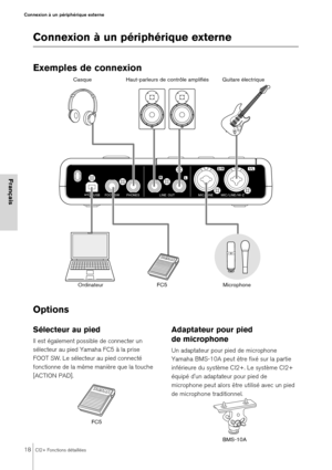 Page 1818CI2+ Fonctions détaillées
Connexion à un périphérique externe
Français
Connexion à un périphérique externe
Exemples de connexion
Options 
Sélecteur au pied
Il est également possible de connecter un 
sélecteur au pied Yamaha FC5 à la prise 
FOOT SW. Le sélecteur au pied connecté 
fonctionne de la même manière que la touche 
[ACTION PAD]. 
Adaptateur pour pied 
de microphone
Un adaptateur pour pied de microphone 
Yamaha BMS-10A peut être fixé sur la partie 
inférieure du système CI2+. Le système CI2+...