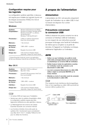 Page 88CI2+ Fonctions détaillées
Introduction
Français
Configuration requise pour 
les logiciels
La configuration système spécifiée ci-dessous 
est requise pour installer les logiciels fournis sur 
les disques accessoires (TOOLS for CI2 et 
Cubase Essential).
Windows
* Cubase Essential s'exécute comme une application 
32 bits sous Windows Vista 64 bits et Windows 7 64 bits.
Mac OS X 
NOTE
• Un lecteur DVD est requis pour l'installation.
• Sachez que, selon le système d'exploitation utilisé,  la...