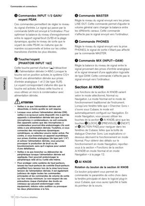 Page 1010CI2+ Fonctions détaillées
Commandes et connecteurs
Français
Commandes INPUT 1/2 GAIN/
voyant PEAK
Ces commandes permettent de régler le niveau 
du signal d'entrée. Le signal qui passe par la 
commande GAIN est envoyé à l'ordinateur. Pour 
optimiser la balance du niveau d'enregistrement 
entre le rapport signal/bruit (S/B) et la plage 
dynamique, ajustez le niveau de sorte que le 
voyant de crête PEAK ne s'allume que de 
manière occasionnelle et brève sur les crêtes 
transitoires...