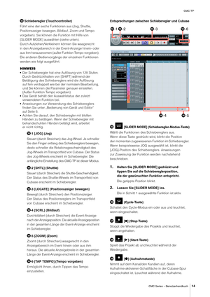 Page 14CMC-TP
CMC Series – Benutzerhandbuch
14
 Schieberegler (Touchcontroller)
Führt eine der sechs Funktionen aus (Jog, Shuttle, 
Positionszeiger bewegen,  Bildlauf, Zoom und Tempo 
vorgeben). Sie können die Funktion mit Hilfe von 
[SLIDER MODE] auswählen (siehe unten).
Durch Aufziehen/Verkleinern können Sie waagerecht 
in den Anzeigebereich in der Event-Anzeige hinein- oder 
aus ihm herauszoomen (außer Funktion Tempo vorgeben). 
Die anderen Bedienvorgänge der einzelnen Funktionen 
werden wie folgt...