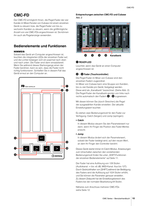 Page 10CMC-FD
CMC Series – Benutzerhandbuch
10
CMC-FD
Der CMC-FD ermöglicht Ihnen, die Pegel-Fader der vier 
Kanäle im Mixer-Fenster von Cubase mit einem einzelnen 
Gerät zu steuern bzw. die Pegel-Fader von bis zu 
sechzehn Kanälen zu steuern, wenn die größtmögliche 
Anzahl von vier CMC-FDs angeschlossen ist. Sie können 
ihn auch als Pegelanzeige verwenden.
Bedienelemente und Funktionen
HINWEIS
Sobald das Gerät am Computer angeschlossen ist, 
leuchten die integrierten LEDs der einzelnen Fader auf, 
und die...