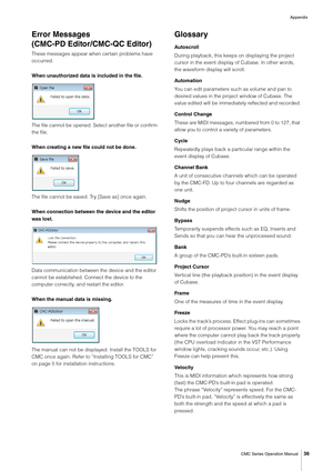 Page 36Appendix
CMC Series Operation Manual
36
Error Messages
(CMC-PD Editor/CMC-QC Editor)
These messages appear when certain problems have 
occurred.
When unauthorized data is included in the file.
The file cannot be opened. Select another file or confirm 
the file.
When creating a new file could not be done.
The file cannot be saved. Try [Save as] once again.
When connection between the device and the editor 
was lost.
Data communication between the device and the editor 
cannot be established. Connect the...