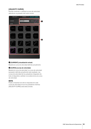 Page 25CMC-PD Editor
CMC Series Manual de Operaciones
25
[VELOCITY CURVE]
Permite confirmar o cambiar la curva de velocidad 
definida en el pulsador del modo normal.
 [CURRENT] (visualización actual)
Muestra la curva de velocidad definida actualmente.
 [CURVE] (curvas de velocidad)
Muestra la curva de velocidad. La curva de velocidad 
(pulsador) definida actualmente está resaltada. Las 
curvas de velocidad de los pulsadores integrados de 
todo el dispositivo cambian si se selecciona una curva 
de velocidad....