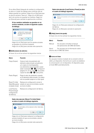 Page 30CMC-QC Editor
CMC Series Manual de Operaciones
30
Si se utiliza [Open] después de cambiar la configuración, 
se abre un cuadro de diálogo para confirmar que se 
deben guardar los cambios. Haga clic en [Yes] para que 
se abra la ventana “Save as”. Haga clic en [No] para 
abrir otro archivo sin guardar los cambios. Haga clic 
en [Cancel] para cancelar la apertura de un archivo.
Si los cambios realizados se guardan en un 
archivo existente, se abre el siguiente cuadro 
de diálogo.
Haga clic en [Yes] para...