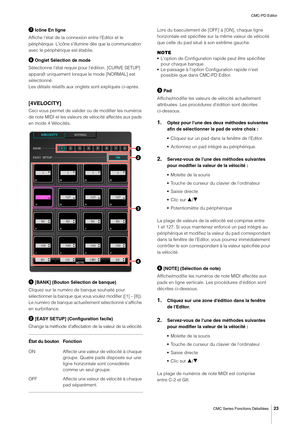 Page 23CMC-PD Editor
CMC Series Fonctions Détaillées
23
 Icône En ligne
Affiche l'état de la connexion entre l'Editor et le 
périphérique. L'icône s'illumine dès que la communication 
avec le périphérique est établie.
 Onglet Sélection de mode
Sélectionne l'état requis pour l'édition. [CURVE SETUP] 
apparaît uniquement lorsque le mode [NORMAL] est 
sélectionné.
Les détails relatifs aux onglets sont expliqués ci-après.
[4VELOCITY]
Ceci vous permet de valider ou de modifier les numéros...