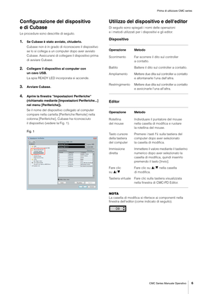 Page 6Prima di utilizzare CMC series
CMC Series Manuale Operativo
6
Configurazione del dispositivo 
edi Cubase
Le procedure sono descritte di seguito.
1.Se Cubase è stato avviato, chiuderlo.
Cubase non è in grado di riconoscere il dispositivo 
se lo si collega a un computer dopo aver avviato 
Cubase. Assicurarsi di collegare il dispositivo prima 
di avviare Cubase.
2.Collegare il dispositivo al computer con 
un cavo USB.
La spia READY LED incorporata si accende.
3.Avviare Cubase.
4.Aprire la finestra...