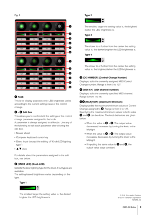 Page 3CMC-QC Editor3
Fig. 8
 Knob
This is for display purposes only. LED brightness varies 
according to the current setting value of the control 
change.
 –  Edit Box
This allows you to confirm/edit the settings of the control 
change parameter assigned to the knob.
A parameter is always assigned to all knobs. Use any of 
the following to edit each parameter after clicking the 
edit box.
•Mouse wheel
•Computer keyboard cursor key
•Direct Input (except the editing of “Knob LED lighting 
type”)
•6/% click...