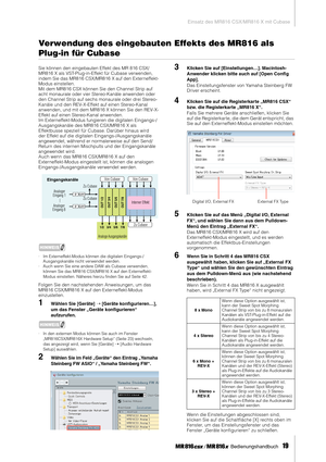 Page 19Einsatz des MR816 CSX/MR816 X mit Cubase
 Bedienungshandbuch   
19
Verwendung des eingebauten Effekts des MR816 als 
Plug-in für Cubase
Sie können den eingebauten Effekt des MR 816 CSX/
MR816 X als VST-Plug-in-Effekt für Cubase verwenden, 
indem Sie das MR816 CSX/MR816 X auf den Externeffekt-
Modus einstellen. 
Mit dem MR816 CSX können Sie den Channel Strip auf 
acht monaurale oder vier Stereo-Kanäle anwenden oder 
den Channel Strip auf sechs monaurale oder drei Stereo-
Kanäle und den REV-X-Effekt auf...