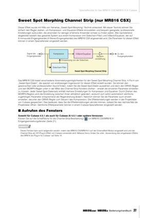 Page 27Spezialfenster für das MR816 CSX/MR816 X in Cubase
 Bedienungshandbuch   
27
Sweet Spot Morphing Channel Strip (nur MR816 CSX)
Dieser Effekt wurde mit Hilfe von Yamahas „Sweet-Spot-Morphing“-Technik entwickelt. Mit dieser Technik können Sie 
einfach den Regler drehen, um Kompressor- und Equalizer-Effekte einzustellen und bequem geeignete, professionelle 
Einstellungen aufzurufen, die ansonsten für weniger er fahrene Anwender schwer zu ﬁnden wären. Wie nachstehend 
abgebildet besteht das gesamte System...