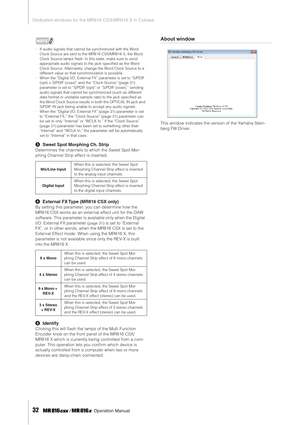 Page 32Dedicated windows for the MR816 CSX/MR816 X in Cubase
32     Operation Manual
NOTE
·If audio signals that cannot be synchronized with the Word 
Clock Source are sent to the MR816 CSX/MR816 X, the Word 
Clock Source lamps ﬂash. In this state, make sure to send 
appropriate audio signals to the jack speciﬁed as the Word 
Clock Source. Alternately, change the Word Clock Source to a 
different value so that synchronization is possible.
·When the “Digital I/O, External FX” parameter is set to “S/PDIF 
(opt) +...