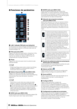 Page 22Ventanas dedicadas al MR816 CSX/MR816 X en Cubase
22     Manual de Operaciones
■Funciones de parámetros
1+48V / indicador PAD (sólo una indicación)
En esta sección se indica el estado activado/desactivado 
de la alimentación phantom y PAD para cada canal de 
entrada analógico 1-8. 
2Filtro pasa altos (HPF)
Haga clic en este icono para activar o desactivar el ﬁltro 
pasa altos. Cuando se activa el ﬁltro pasa altos, se 
suprimen las señales por debajo de 80 Hz (que son 
componentes de muy baja frecuencia)....