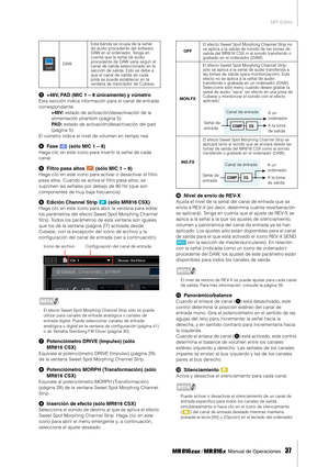 Page 37MR Editor
 Manual de Operaciones   
37
3+48V, PAD (MIC 1 – 8 únicamente) y vúmetro 
Esta sección indica información para el canal de entrada 
correspondiente.
+48V: estado de activación/desactivación de la 
alimentación phantom (página 5). 
PAD: estado de activación/desactivación del pad 
(página 5). 
El vúmetro indica el nivel de volumen en tiempo real.
4Fase   (sólo MIC 1 – 8)
Haga clic en este icono para invertir la señal de cada 
canal.
5Filtro pasa altos   (sólo MIC 1 – 8)
Haga clic en este icono...