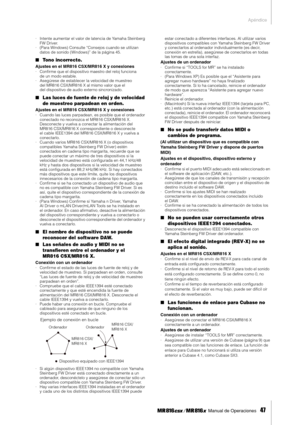 Page 47Apéndice
 Manual de Operaciones   
47
·Intente aumentar el valor de latencia de Yamaha Steinberg 
FW Driver. 
·(Para Windows) Consulte “Consejos cuando se utilizan 
datos de sonido (Windows)” de la página 45.
■Tono incorrecto.
Ajustes en el MR816 CSX/MR816 X y conexiones
·Conﬁrme que el dispositivo maestro del reloj funciona 
de un modo estable. 
·Asegúrese de establecer la velocidad de muestreo 
del MR816 CSX/MR816 X al mismo valor que el 
del dispositivo de audio externo sincronizado. 
■Las luces de...