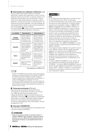 Page 6Controles y conectores
6     Manual de Operaciones
!Potenciómetro de codiﬁcador multifunción 1 y 2
Al girar y pulsar estos potenciómetros, se pueden 
seleccionar y ajustar varios parámetros, como el nivel de 
salida de la toma de auriculares, el volumen maestro y los 
parámetros relacionados con la reverberación. Al girar 
cada uno de estos potenciómetros, se ajusta el valor de 
parámetro, mientras que al pulsar los potenciómetros, se 
cambian las funciones asignadas. Las luces alrededor de 
cada...