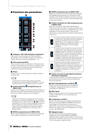 Page 22Fenêtres dédiées au MR816 CSX/MR816 X dans Cubase
22     Fonctions détaillées
■Fonctions des paramètres
1Indicateur +48V / PAD (indication uniquement)
Cette section vous renseigne sur létat dactivation/
désactivation de lalimentation fantôme et du pad pour 
chacun des canaux dentrée analogiques 1 – 8. 
2Filtre passe-haut (HPF)
Cliquez ici pour activer ou désactiver le ﬁltre passe-haut. 
Lorsque le ﬁltre passe-haut est activé, les signaux situés 
en deçà de 80 Hz (composants dotés de fréquences...