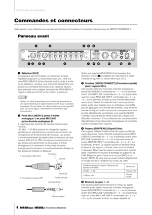 Page 4Commandes et connecteurs
4     Fonctions détaillées
Commandes et connecteurs
Cette section vous présente une vue densemble des commandes et connecteurs du panneau du  MR816 CSX/MR816 X.
Panneau avant
1Sélecteur [HI-Z]
Ce sélecteur permet dutiliser un instrument à haute 
impédance (guitare ou basse électrique, etc.) relié à la 
prise MIC/LINE/HI-Z (prise dentrée audio) située à droite 
de ce sélecteur. Lorsque vous branchez directement une 
guitare ou une basse électrique avec capteurs passifs, 
sans...