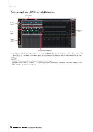 Page 34MR Editor
34     Fonctions détaillées
Fenêtre principale pour « EXT FX » en mode Effet externe : 
*Vous pouvez voir la fenêtre ci-dessus lorsque vous utilisez le MR816 CSX et que le paramètre « External FX Type » (page 41) 
est réglé sur « 6 x Mono + REV-X » dans la fenêtre de conﬁguration ou le Tableau de Bord de la fenêtre Yamaha FW Driver.
NOTE
·Pour plus dinformations sur le mode Effet externe, reportez-vous à la page 19. 
·Vous pouvez régler le MR816 CSX/MR816 X sur le mode Effet externe ou Normal...