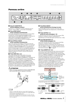Page 7Commandes et connecteurs
 Fonctions détaillées   
7
Panneau arrière
1Prise AC ADAPTOR IN 
(Entrée adaptateur secteur)
Branchez ici un adaptateur secteur (reportez-vous au 
manuel « Prise en Main » inclus dans lemballage). 
2Prise S/PDIF IN/OUT 
(Prise numérique dentrée/sortie)
Ces prises coaxiales sont des connecteurs à broche RCA 
qui autorisent lentrée et la sortie des signaux audio 
numériques au format S/PDIF (IEC-60958). En branchant le 
câble coaxial à broche RCA dans cette prise, vous 
connectez...