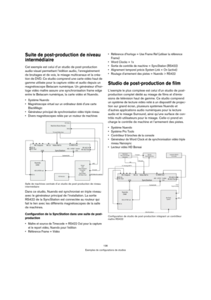 Page 136136
Exemples de configurations de studios
Suite de post-production de niveau 
intermédiaire
Cet exemple est celui d’un studio de post-production 
audio-visuel permettant l’édition audio, l’enregistrement 
de bruitages et de voix, le mixage multicanaux et la créa-
tion de DVD. Ce studio comprend une carte vidéo haut de 
gamme utilisée pour la capture vidéo et audio depuis un 
magnétoscope Betacam numérique. Un générateur d’hor-
loge vidéo maître assure une synchronisation frame edge 
entre le Betacam...