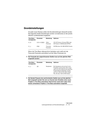 Page 15 
TIME BASE
Leistungsmerkmale und Grundeinstellungen 3 – 15 
Grundeinstellungen
 
Vor jeder neuen Session sollten die Grundeinstellungen überprüft werden. 
Die folgenden beiden Einstellungen werden normalerweise an den jeweils 
üblichen Landesstandard angepasst:
Wenn die Time Base videosynchron betrieben wird, stellt sich die 
Timecode-Framerate automatisch auf die Video-Framerate ein.
 
❐
 
Die Framerate der angeschlossenen Geräte muss auf den gleichen Wert 
 
eingestellt werden!
 
❐
 
Die...