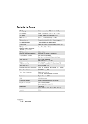 Page 82TIME BASE
7 – 82 Anschlüsse
Technische Daten
LTC-Eingang:Klinke – symmetrisch (TRS) -10 bis +16 dBu
LTC-Ausgang: Klinke – symmetrisch (TRS) -10 bis + 8 dBu
VITC lesen:2 Zeilen, Zeile 6-36 (10-40) oder AUTO
VITC schreiben: 2 Zeilen, Zeile 6-36 (10-40) oder OFF
TC Video-Inserter:Frei positionierbar, 2 Größen, 4 Darstellungsarten
MTC lesen/schreiben:  MIDI-Standard, Full Frame schaltbar
TC-Standard:24, 25, 29,97 drop-nondrop, 30 drop-nondrop Fps
VST System Link – 
AES/EBU Eingang zur externen...