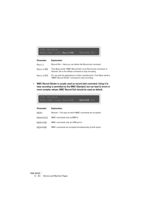 Page 64TIME BASE
6 – 64 Service and Machine Pages
• MMC Record Strobe is usually used as record start command. Using it to 
stop recording is permitted by the MMC-Standard, but can lead to errors in 
more complex setups. MMC Record Exit should be used as default.
Parameter Explanation
RexitRecord Exit – Here you can define the Record exit command.
Rexit=RETime Base sends “MMC Record Exit” as its Record exit command. In 
Nuendo, this is the default command to stop recording.
Rexit=RSFor use with the applications...