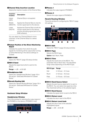 Page 18Panel Controls for the Software Programs
UR28M  Operation Manual18
Channel Strip Insertion Location
Selects the insertion location of the Channel Strip.
You can apply four Channel Strips to mono 
channels, or two Channel Strips to a stereo 
channel.
 Output Position of the Direct Monitoring 
Signal
Indicates the position from which the audio 
signals for monitoring will  be output when turning 
on Direct Monitoring in the device settings on 
Cubase.
 REV-X Edit
Opens the “REV-X” (page 22) setup...