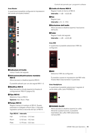 Page 13Controlli del pannello per i programmi software
UR28M  Manuale Operativo13
Area Master
In quest'area è possibile configurare le impostazioni 
del canale principale (master).
Indicatore di livello
Indica il livello del segnale.
 Attivazione/disattivazione mandata 
REV-X
Attiva (acceso) e disattiva (spento) REV-X.
È possibile attivarlo per uno dei segnali MIX 1–3.
 Modifica REV-X
Apre (acceso) e chiude (spento) la finestra di 
configurazione "REV-X" (pagina 22).
 Tipo REV-X
Seleziona il...