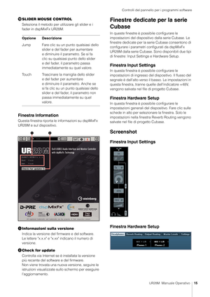 Page 15Controlli del pannello per i programmi software
UR28M  Manuale Operativo15

SLIDER MOUSE CONTROL
Seleziona il metodo  per utilizzare gli slider e i 
fader in dspMixFx UR28M.
Finestra Information
Questa finestra riporta le  informazioni su dspMixFx 
UR28M e sul dispositivo.
 Informazioni sulla versione
Indica la versione del firmware e del software. 
Le lettere "x.x.x" e "x.xx" indicano il numero di 
versione.
 Check for update
Controlla via Internet se è installata la versione 
più...