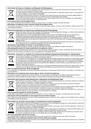 Page 25Information for Users on Collection and Disposal of Old EquipmentThis symbol on the products, packaging, and/or accompanying documents means that used electrical and electronic products 
should not be mixed with general household waste.
For proper treatment, recovery and recycling of old products, please take them to applicable collection points, in accordance with 
your national legislation and the Directives 2002/96/EC.
By disposing of these products correctly, you will help to save valuable resources...