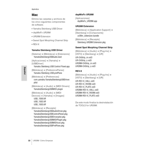 Page 22Apéndice
22UR28M  Cómo Empezar
Español
Mac
Elimine las carpetas y archivos de 
los cinco siguientes componentes 
de software.
•Yamaha Steinberg USB Driver
•dspMixFx UR28M
•UR28M Extension
•Sweet Spot Morphing Channel Strip
•REV-X
Yamaha Steinberg USB Driver
[Sistema] 
Æ [Biblioteca] Æ [Extensions]
YamahaSteinbergUSBAudio.kext
[Aplicaciones] 
Æ [Yamaha] Æ 
[USBDriver]
Yamaha Steinberg USB Control Panel.app
[Biblioteca] 
Æ [PreferencePanes]
Yamaha Steinberg USB.prefPane
[Biblioteca] 
Æ [Preferences]...