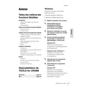 Page 21UR28M  Prise en Main21
Annexe
Français
Annexe
Tables des matières des 
Fonctions Détaillées
Introduction
Tables des matières des Fonctions 
Détaillées
Fonctionnalités
Bornes et commandes du panneau (détails)
Panneau arrière
Panneau avant
Tableaux de bord des programmes logiciels
Tableau de bord du pilote Audio Driver
dspMixFx UR28M
Fenêtres dédiées à la série Cubase sous 
Windows
Sweet Spot Morphing Channel Strip 
(Channel Strip)
REV-X
Exemples d'utilisation
Introduction
Enregistrement à l'aide...