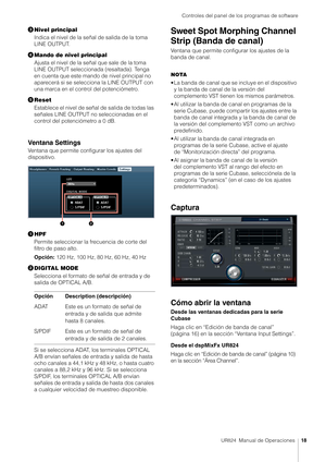 Page 18Controles del panel de los programas de software
UR824  Manual de Operaciones18
Nivel principal
Indica el nivel de la se ñal de salida de la toma 
LINE OUTPUT.
 Mando de nivel principal
Ajusta el nivel de la se ñal que sale de la toma 
LINE OUTPUT seleccionada (resaltada). Tenga 
en cuenta que este mando de nivel principal no 
aparecerá si se selecciona la LINE OUTPUT con 
una marca en el control del potenciómetro.
 Reset
Establece el nivel de señal de salida de todas las 
señales LINE OUTPUT no...