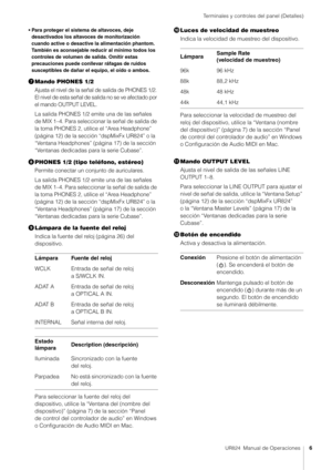 Page 6Terminales y controles del panel (Detalles)
UR824  Manual de Operaciones6
• Para proteger el sistema de altavoces, deje 
desactivados los altavoces de monitorización 
cuando active o desactive la alimentación phantom. 
También es aconsejable reducir al mínimo todos los 
controles de volumen de salida. Omitir estas 
precauciones pued e conllevar ráfagas de ruidos 
susceptibles de dañar el equipo, el oído o ambos.
 Mando PHONES 1/2
Ajusta el nivel de la señal de salida de PHONES 1/2. 
El nivel de esta...