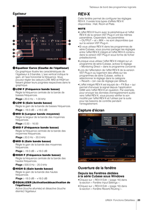 Page 20Tableaux de bord des programmes logiciels
UR824  Fonctions Détaillées20
Égaliseur
Equalizer Curve (Courbe de l'égaliseur)
Ce graphique illustre les caractéristiques de 
l'égaliseur à 3 bandes. L'axe vertical indique le 
gain, et l'axe horizontal la fréquence. Vous 
pouvez régler les valeurs LOW, MID et HIGH en 
faisant glisser leurs poignées respectives dans le 
graphique.
 LOW F (Fréquence bande basse)
Règle la fréquence centrale de la bande de 
basses fréquences.
Plage :  20.0 Hz –...