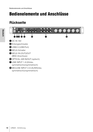 Page 10Bedienelemente und Anschlüsse
10UR824 – Einführung
Deutsch
Bedienelemente und Anschlüsse
Rückseite
DC IN 16V
 Erdungsschraube
 USB2.0 (USB-Port)
 WCLK-Schalter
 WCLK IN (OUT)/OUT 
(BNC-Anschluss)
 OPTICAL A/B IN/OUT (optisch)
 LINE INPUT 1–8 (Klinke, 
symmetrisch/unsymmetrisch)
 MIC/LINE INPUT 3–8 (XLR/Klinke, 
symmetrisch/unsymmetrisch) 