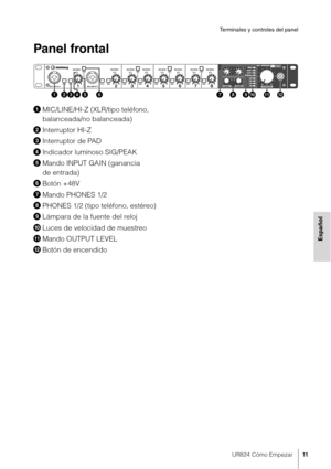 Page 11UR824 Cómo Empezar11
Terminales y controles del panel
Español
Panel frontal
MIC/LINE/HI-Z (XLR/tipo teléfono, 
balanceada/no balanceada)
 Interruptor HI-Z
 Interruptor de PAD
 Indicador luminoso SIG/PEAK
 Mando INPUT GAIN (ganancia 
de entrada)
 Botón +48V
 Mando PHONES 1/2
 PHONES 1/2 (tipo teléfono, estéreo)
 Lámpara de la fuente del reloj

 Luces de velocidad de muestreo
 Mando OUTPUT LEVEL
! Botón de encendido 